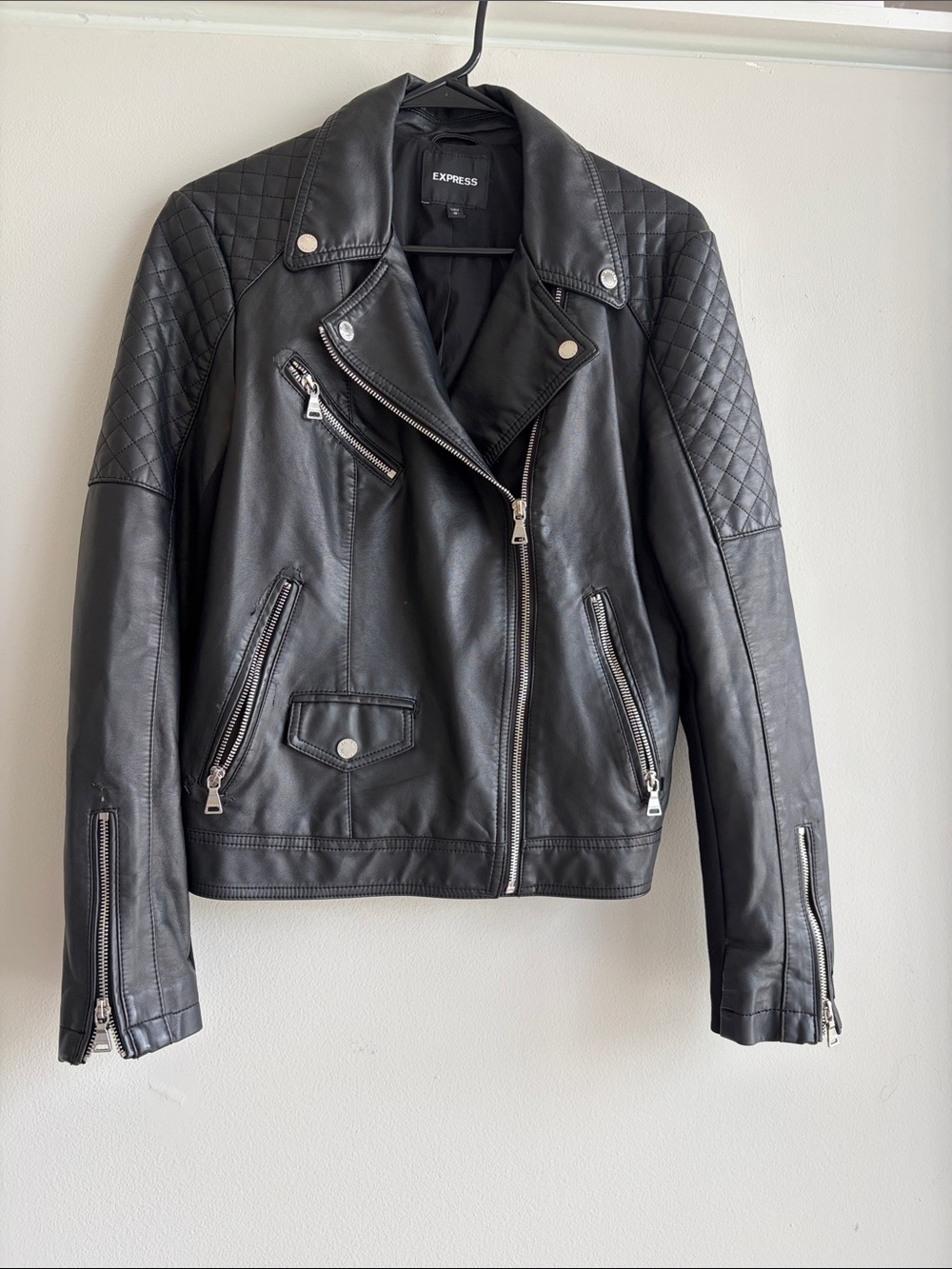 Express Black Quilted Leather Moto Jacket with Silver Hardware